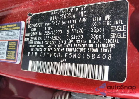 2022 Kia Sorento Sx z USA, uszkodzony, nr VIN 5XYRKDLF5NG158408